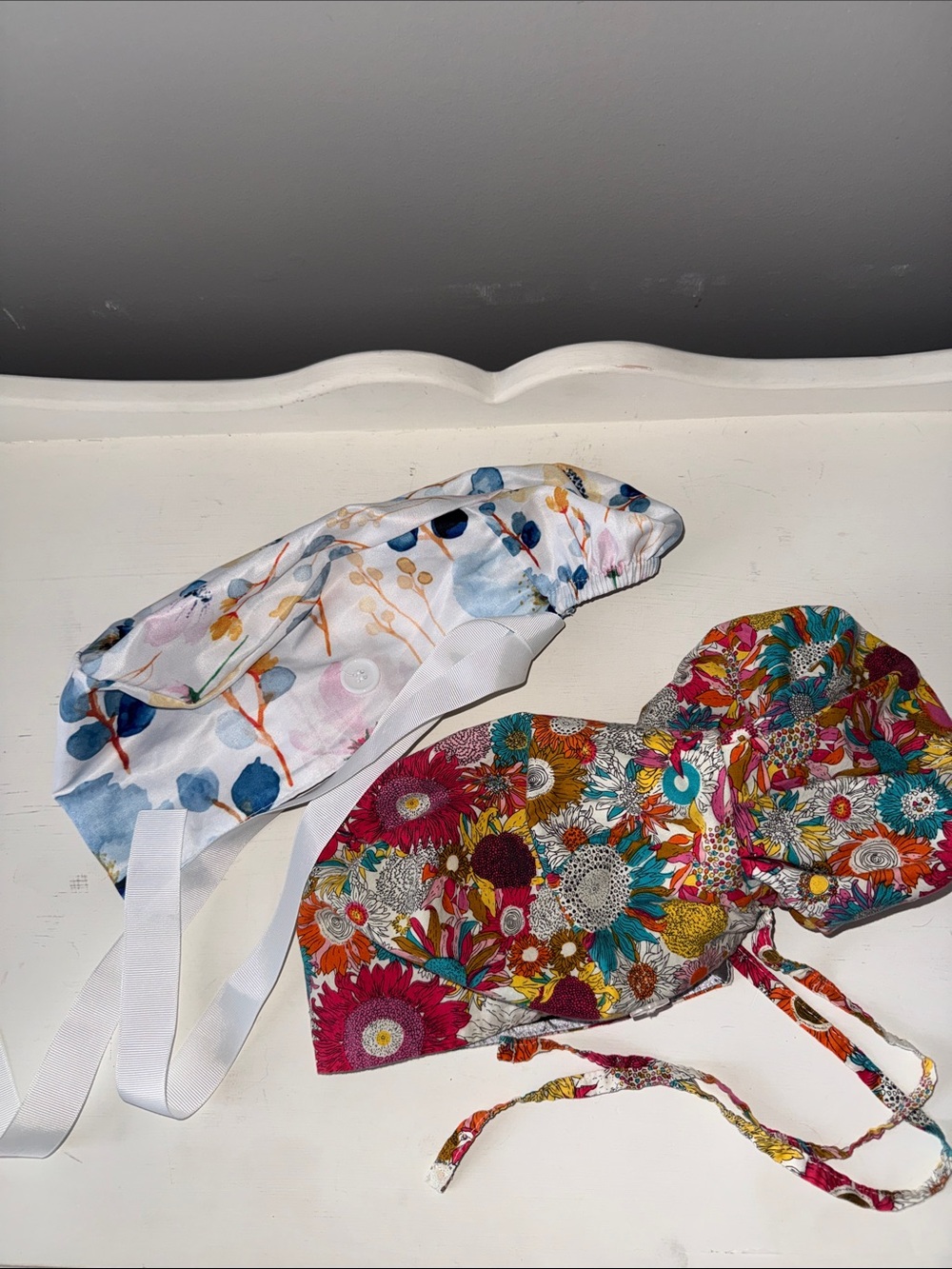 Lot of 2 Ponytail Floral Multi-color Surgical Scrub Caps for Women